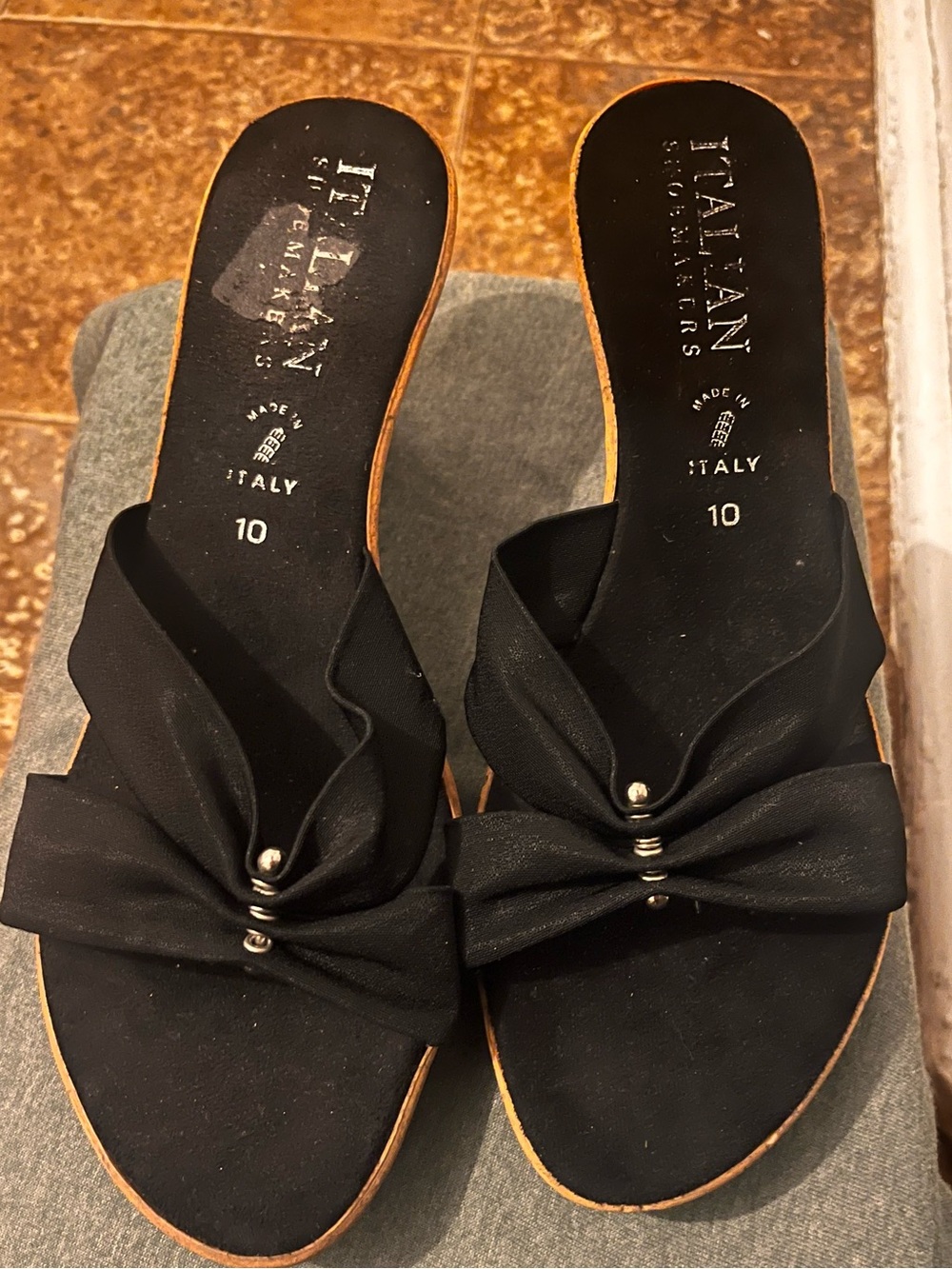 Italian Shoemakers Black Slide Mules with Bow Accent